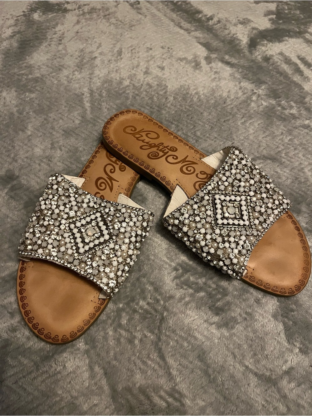 Naughty Monkey Beaded Slide Sandals - Embellished Pearl & Crystal Detail